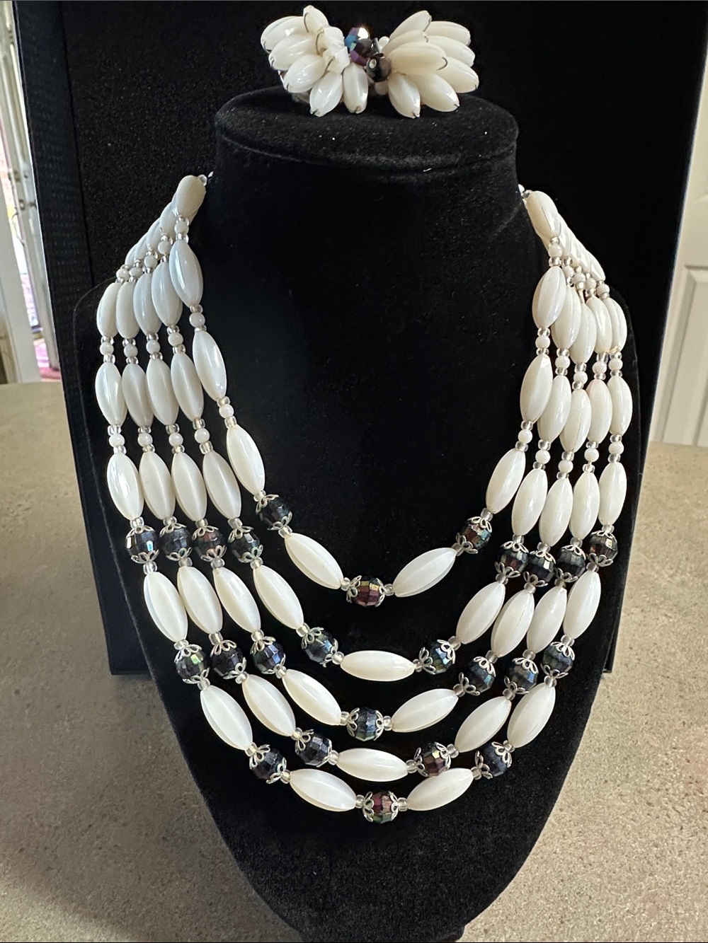 Vintage W. Germany White Lucite & Crystal Multi-Strand Necklace Set (As-Is)